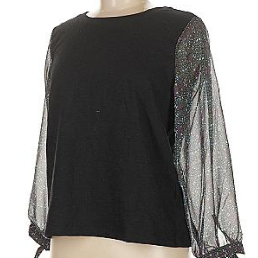 New Nicole Miller Black Sheer Printed Long  Sleeve Top Medium